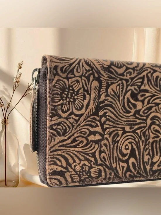 Embossed Floral Leather Zip Wallet - Brown and Black - Picture 3 of 7